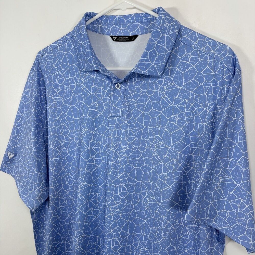 Levelwear Golf Performance Polo Shirt Men Large Blue White Cracked Ice Geometric